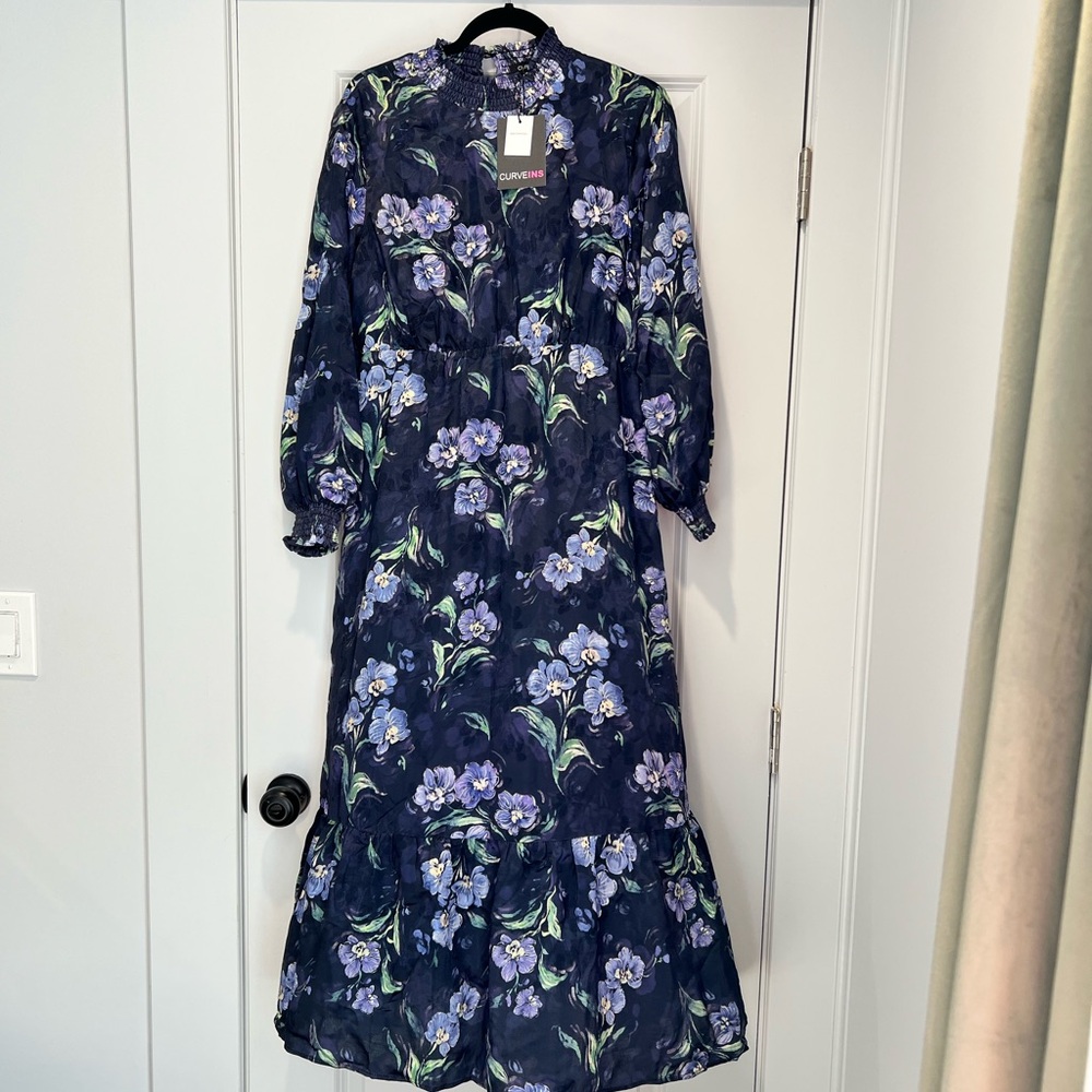 Elegant Floral Long Sleeve Dress - Navy and Lavender